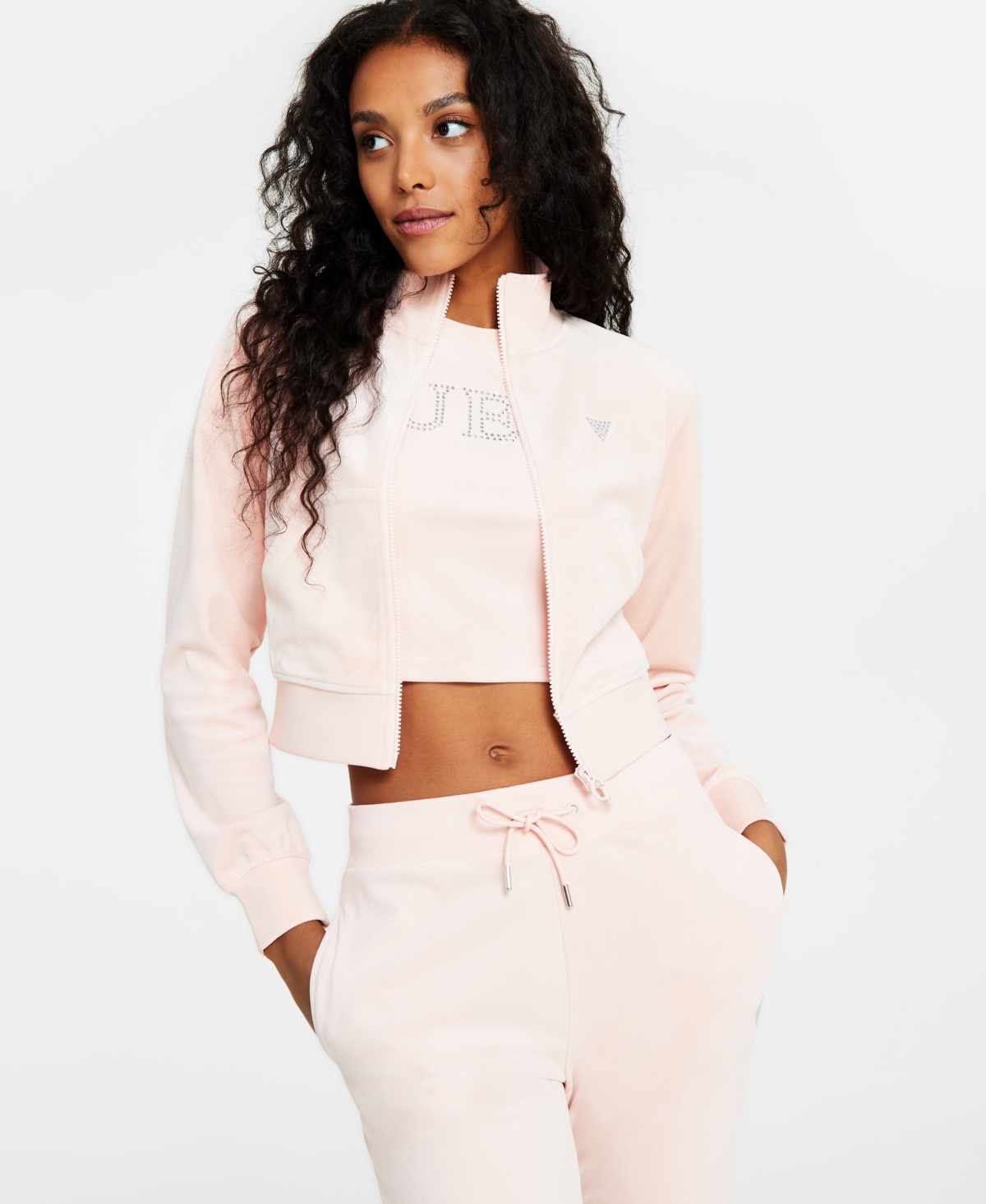Guess Women's Couture Embellished Full-Zip Cropped Sweatshirt