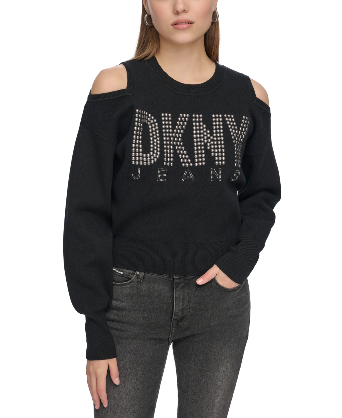 Dkny Jeans Women's Cold-shoulder Embellished-logo Sweatshirt In Black
