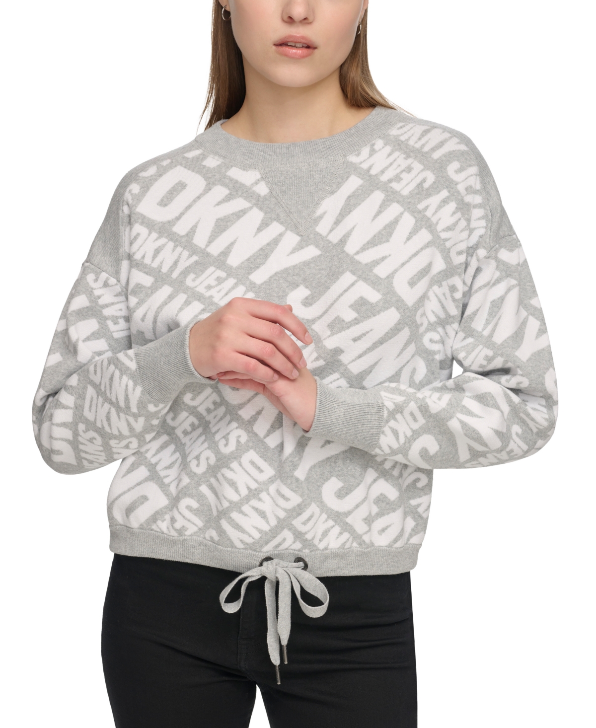 Dkny Jeans Women's Crewneck Drawstring-hem Logo Sweater In Steel Grey Heather,ivory