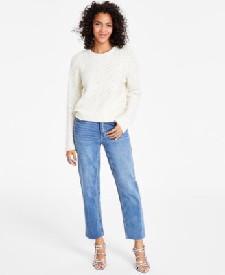 Womens Crewneck Long Sleeve Lurex Sweater Straight Leg Ankle Jeans