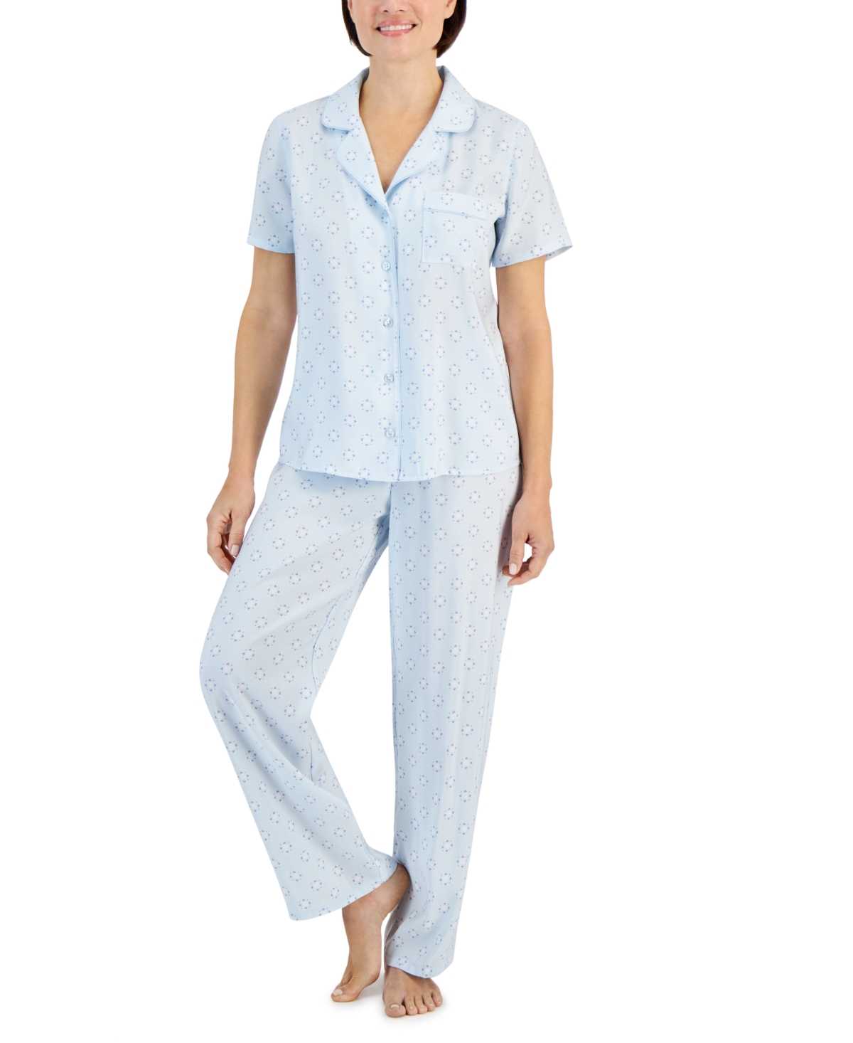 Charter Club Women's Matte Satin Short-sleeve Pajamas Set, Created For Macy's In Diamond Geo