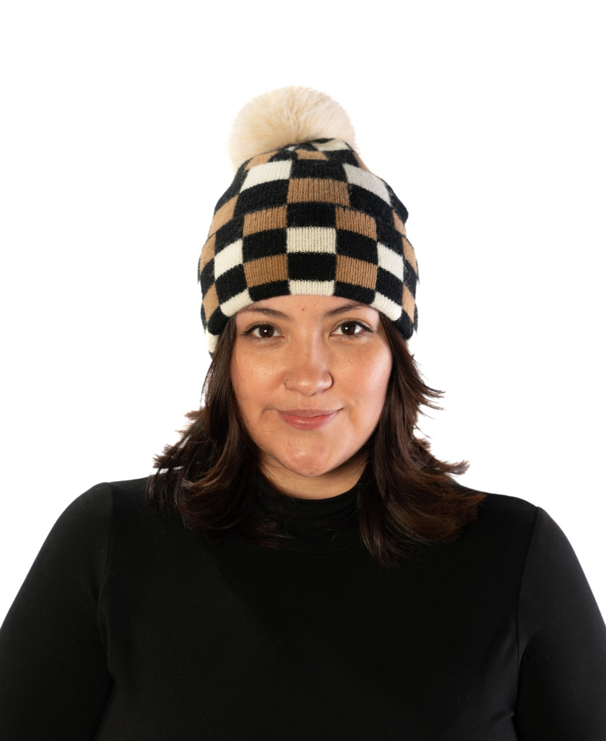 Marcus Adler Checkered Beanie With Pom In Black