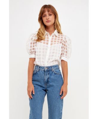 Women's Short Sleeve Organza Grid Blouse