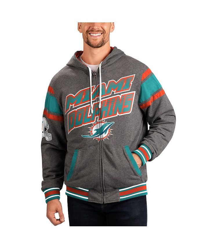 G Iii Sports By Carl Banks Mens Gray Aqua Miami Dolphins Extreme Full Back Reversible Hoodie 