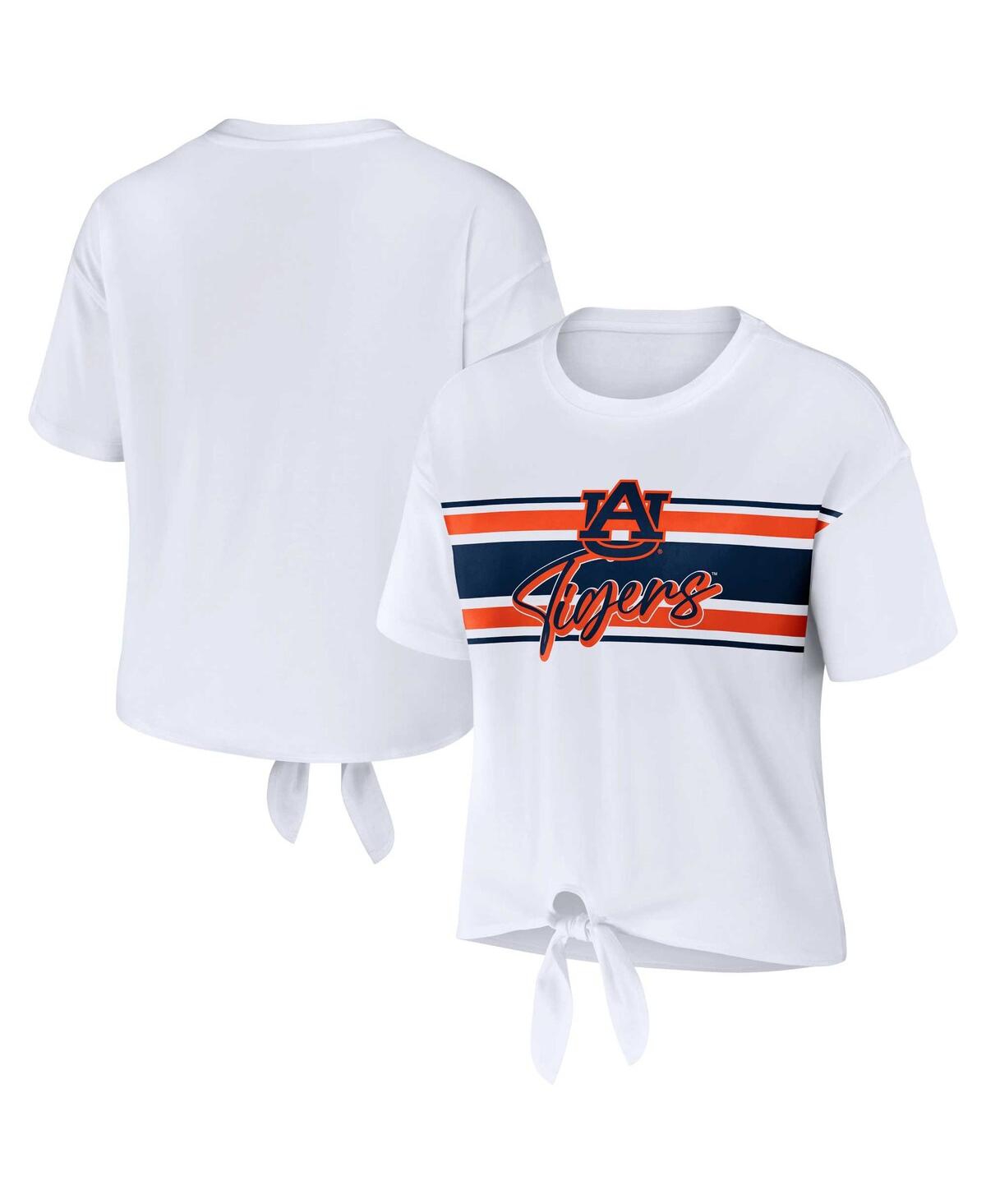 Wear By Erin Andrews Women's  White Auburn Tigers Striped Front Knot Cropped T-shirt