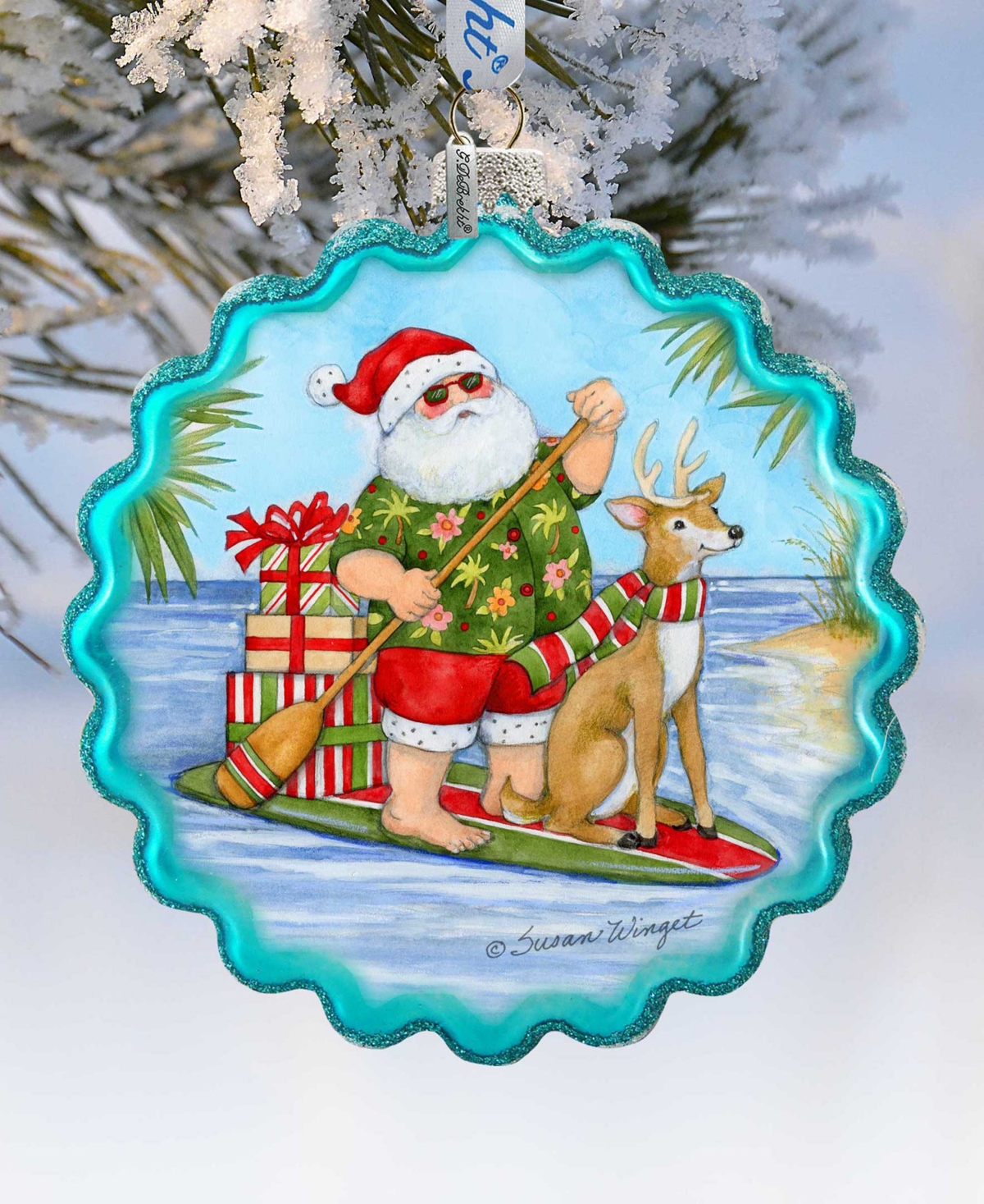 Designocracy Paddle Boarding Santa Wreath Christmas Mercury Glass Ornaments S. Winget In Multi Color