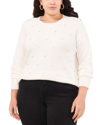 Vince Camuto Plus Size Rhinestone Studded Drop Shoulder Crewneck