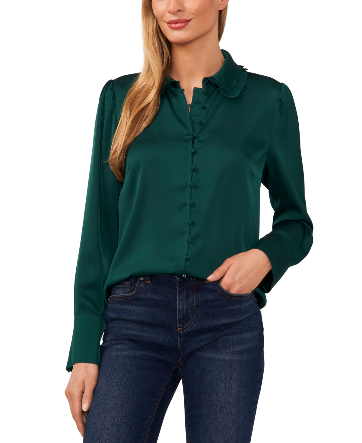 Cece Ruffle Collar Satin Button-up Blouse In Dark Forest