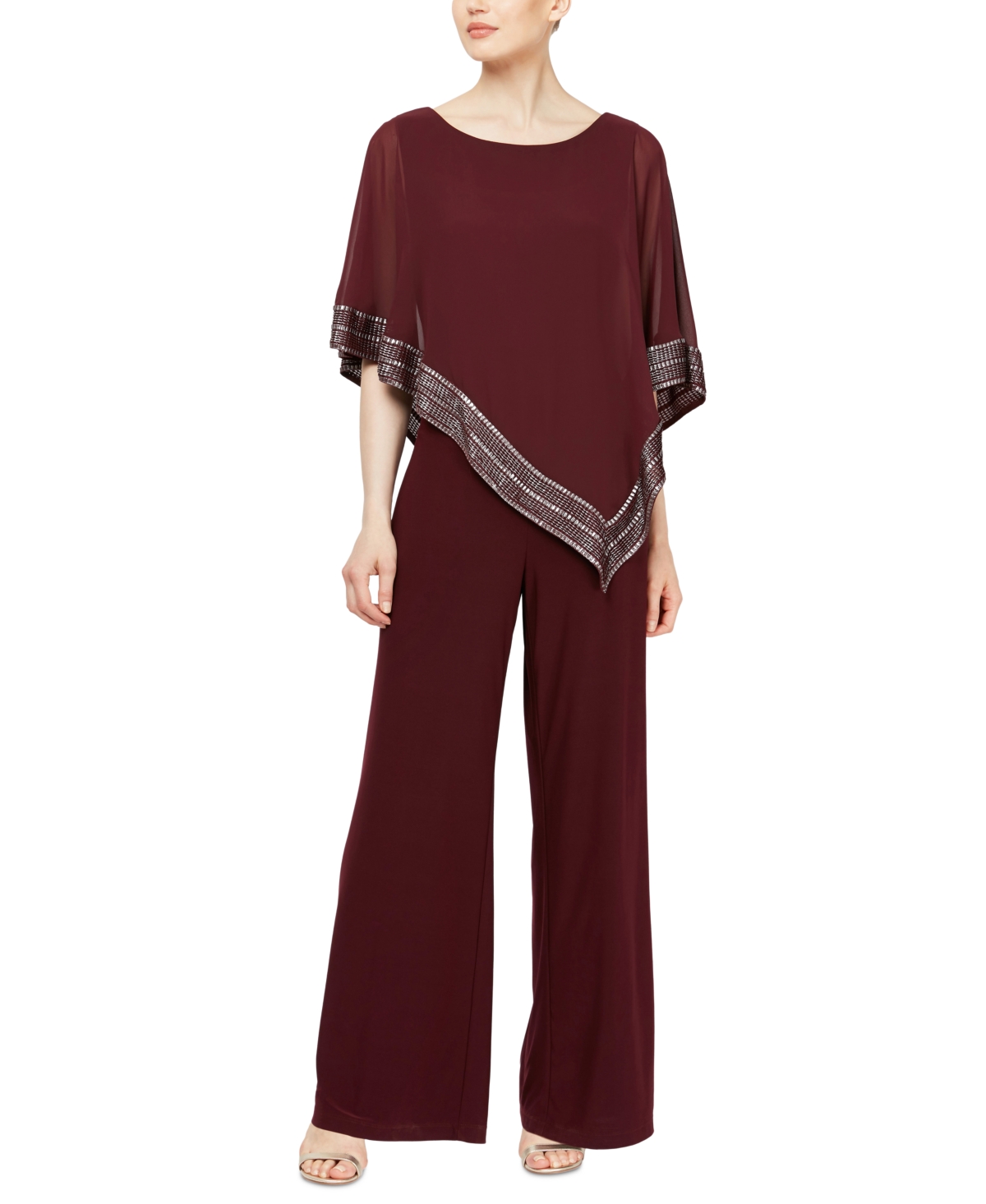 SL FASHIONS PETITE ASYMMETRICAL-OVERLAY JUMPSUIT