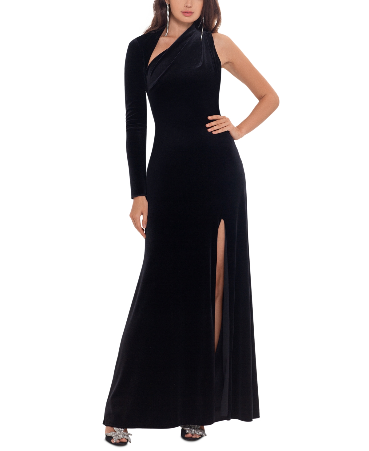 Women's Velvet Asymmetrical-Neck One-Sleeve Gown - Black