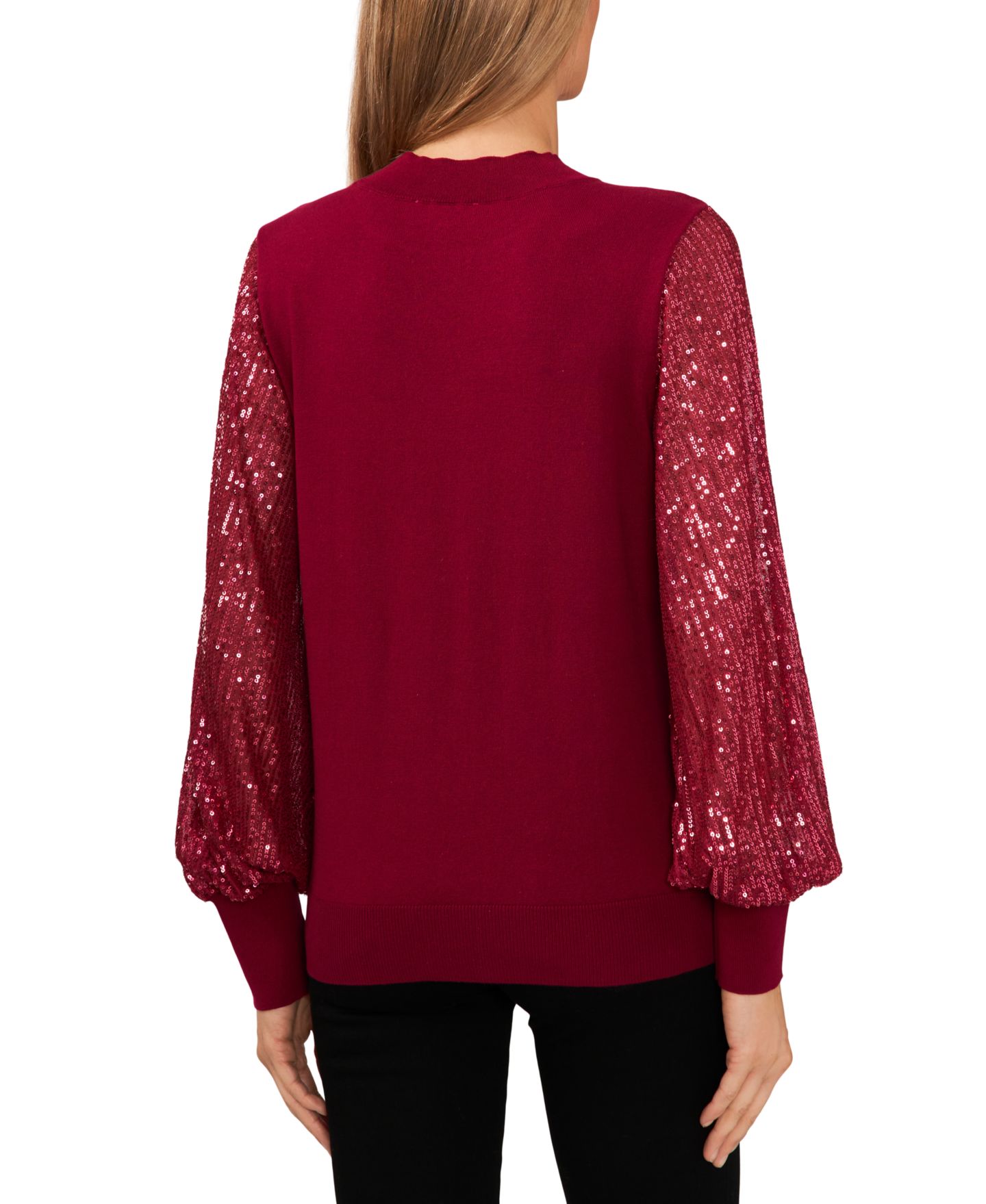 Женский свитер CeCe Sheer-Sequin-Sleeve Mock-Neck Cotton, цвет: Глубокий мерло — фото 2