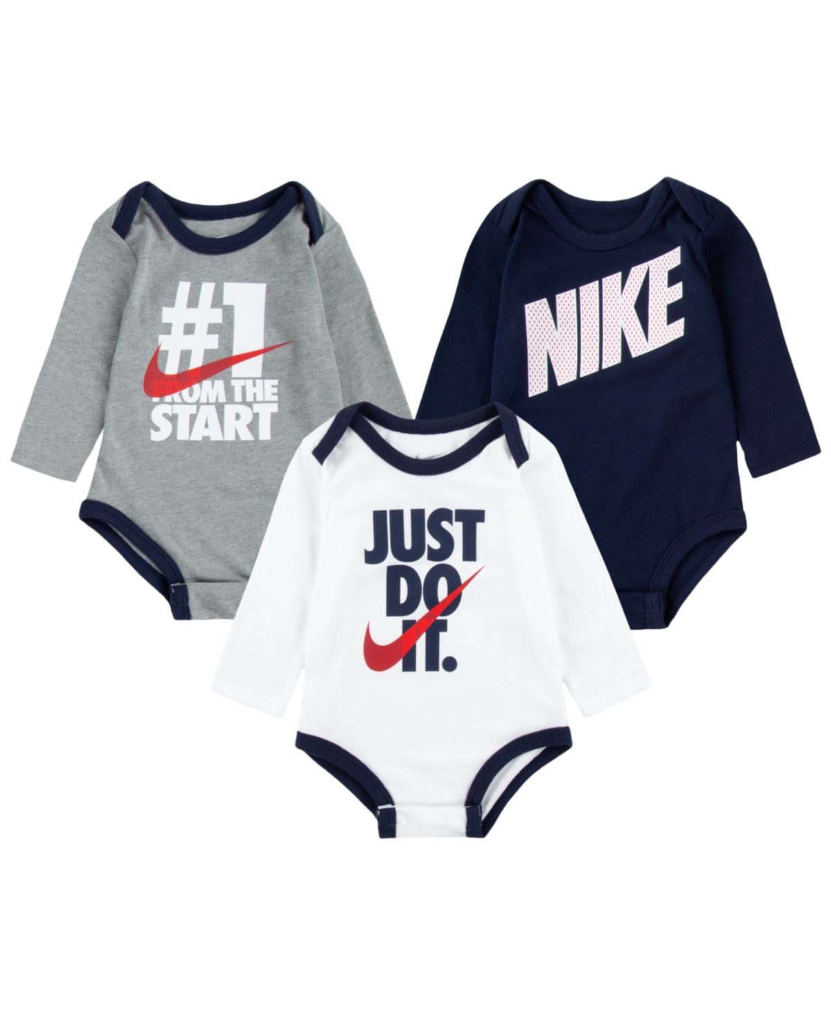 Nike Baby Boys Long Sleeve Bodysuit Set, 3 Pack In Assorted