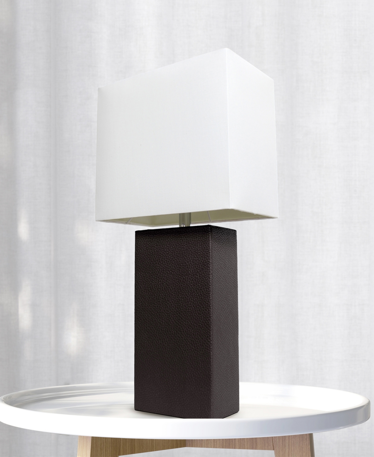 Lalia Home Lexington Leather Base Modern Home Decor Bedside Table Lamp with White Rectangular Fabric Shade