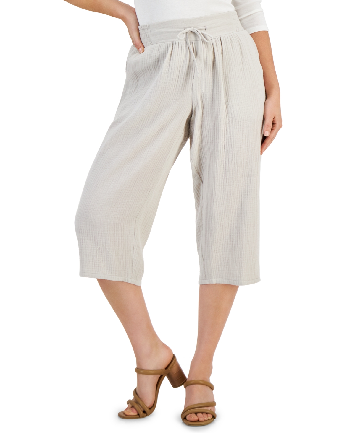 Jm Collection Petite Cropped Gauze Pants, Created For Macy's In Stone Wall