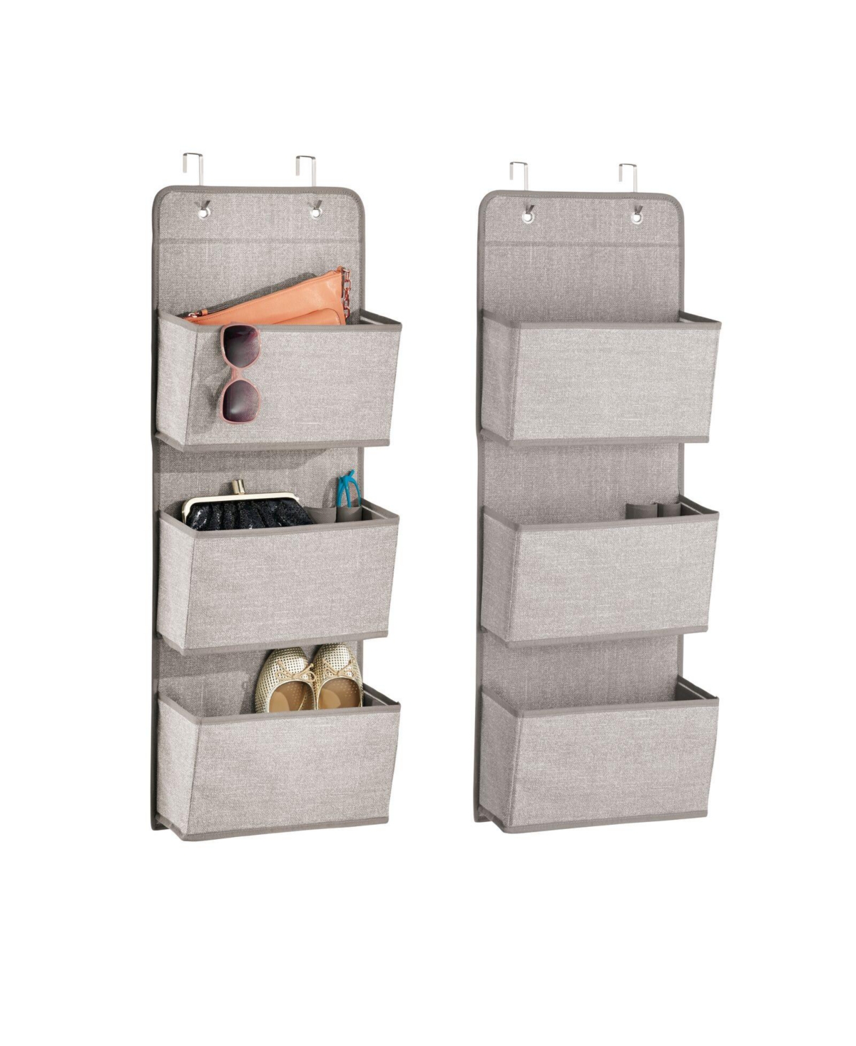 Fabric Closet Hanging Organizers - 3 Pockets + Hooks, 2 Pack, Linen/Tan - Linen