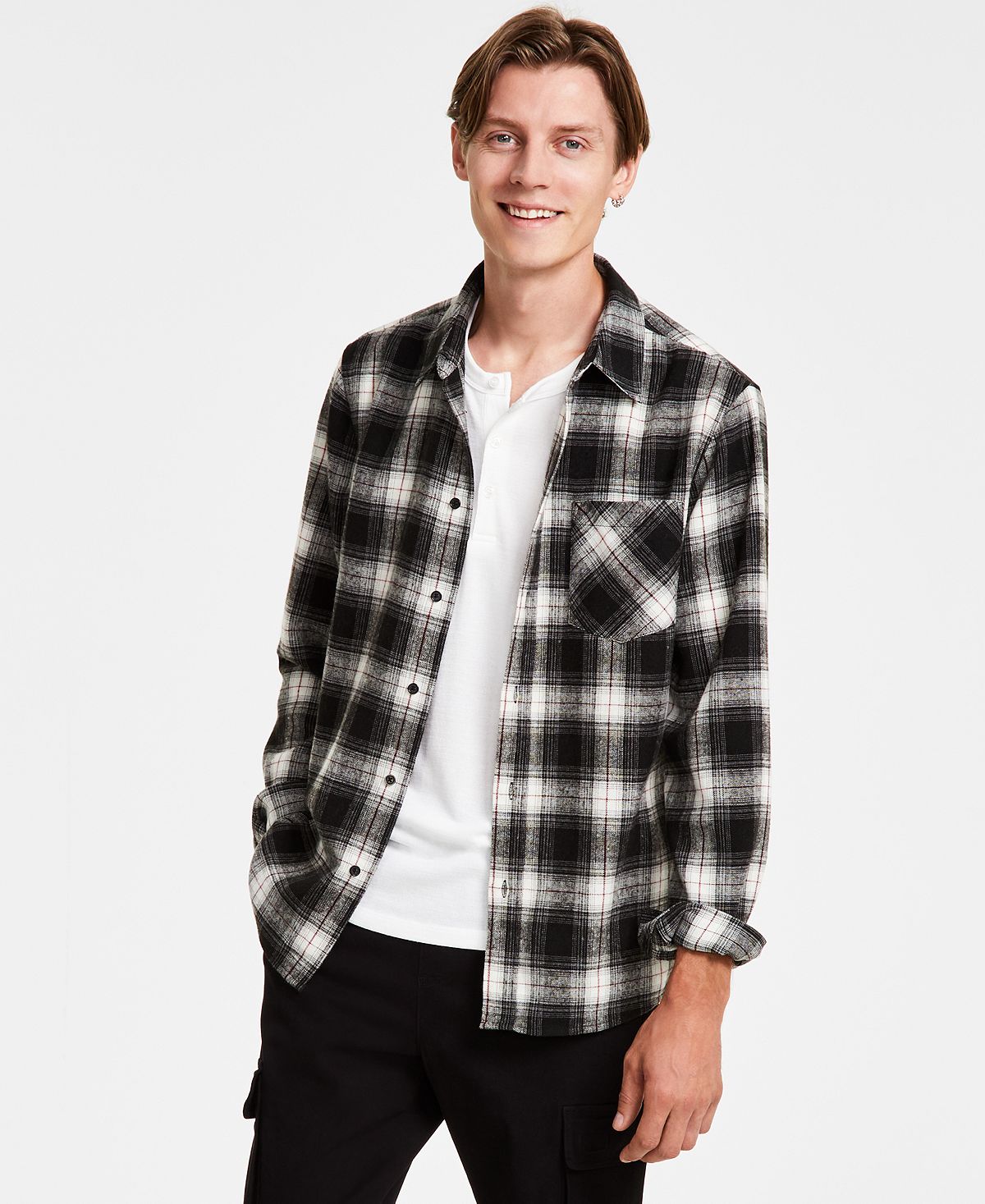 And Now This Men’s Plaid Brushed Flannel Shirt Ivory/Black-Small