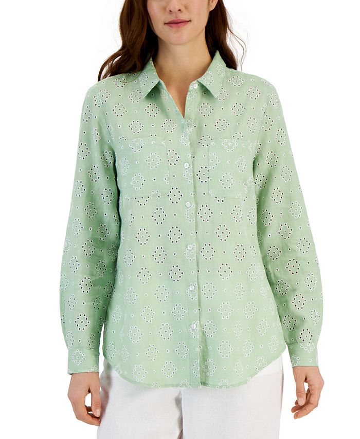 Charter Club Womens Linen Tie Front Button Up Shirt Green Size Small main image 0