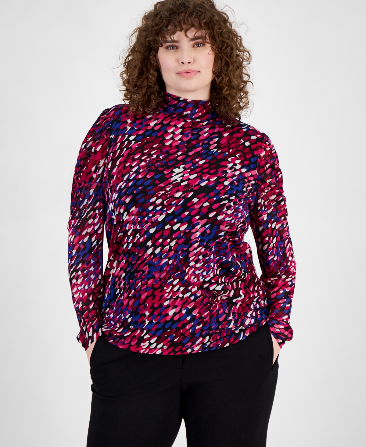 Bar Iii Plus Size Printed Gathered-shoulder Mesh Top, Created For Macy's In Jazz Berry Multi