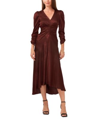 MSK - Women's V-Neck Ruched 3/4-Sleeve High-Low Midi Dress