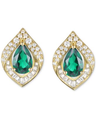 Lab-Grown Emerald (5/8 ct. t.w.) & Lab-Grown White Sapphire (1/3 ct. t.w.) Pear Halo Stud Earrings in 14k Gold-Plated Sterling Silver