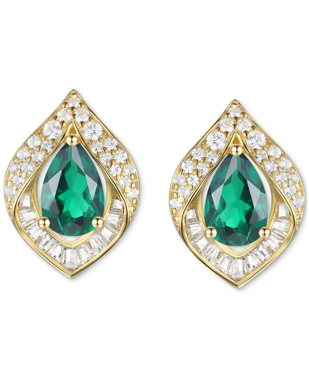 Lab-Grown(5/8 ct. t.w.) & Lab-Grown White Sapphire (1/3 ct. t.w.) Pear Halo Stud Earrings in 14k Gold-Plated Sterling Silver - Emerald