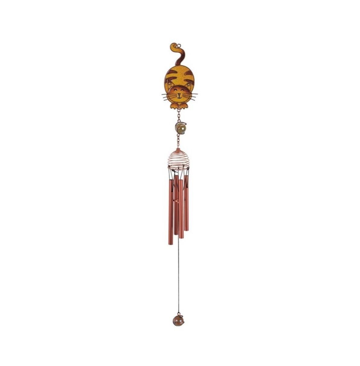 22" Long Brown Tabby Cat Copper and Gem Wind Chime Home Decor Perfect Gift for House Warming, Holidays and Birthdays - Multi
