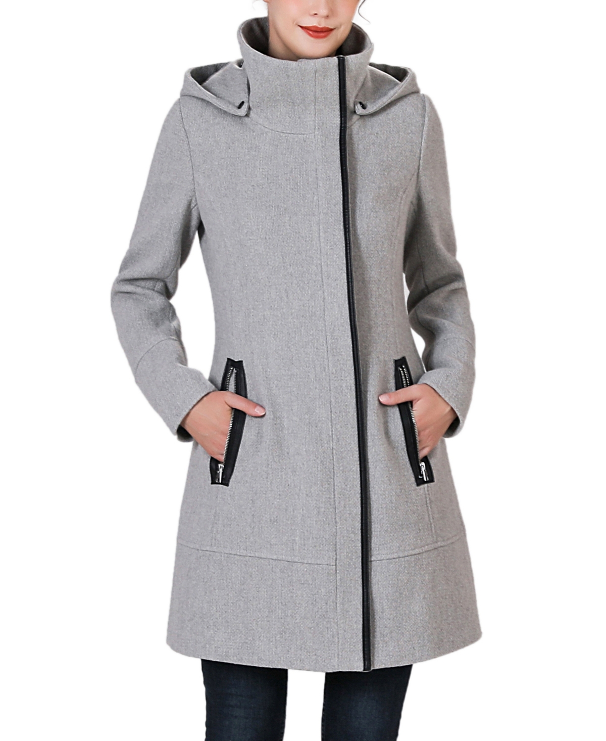Kimi & Kai Women's Leah Asymmetrical Hooded Zipper Boucle Wool Coat In Gray