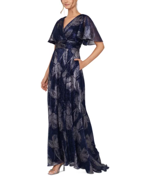 Petite Foil-Print Flutter-Sleeve Maxi Dress - Navy/Gun