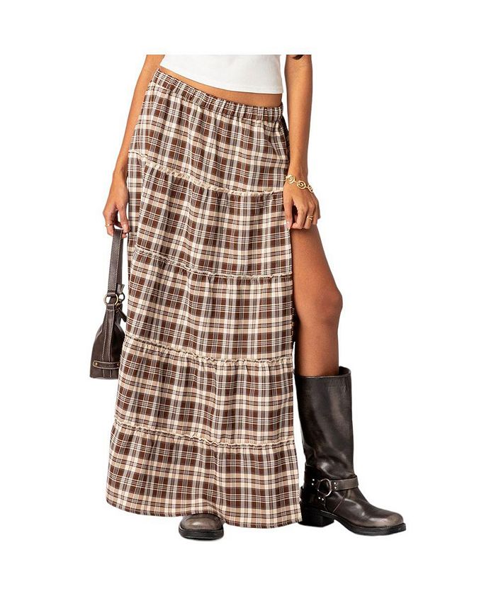 Edikted Women s Plaid side slit tiered maxi skirt Macy s