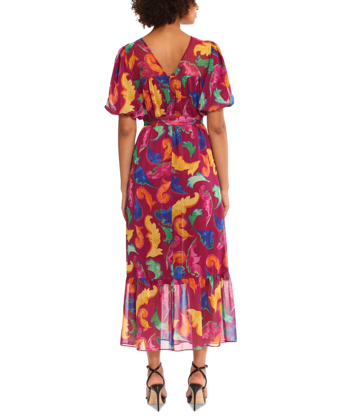 Shop Donna Morgan Women's Puff-sleeve Tie-belt Printed Dress In Ripe Plum,azalea