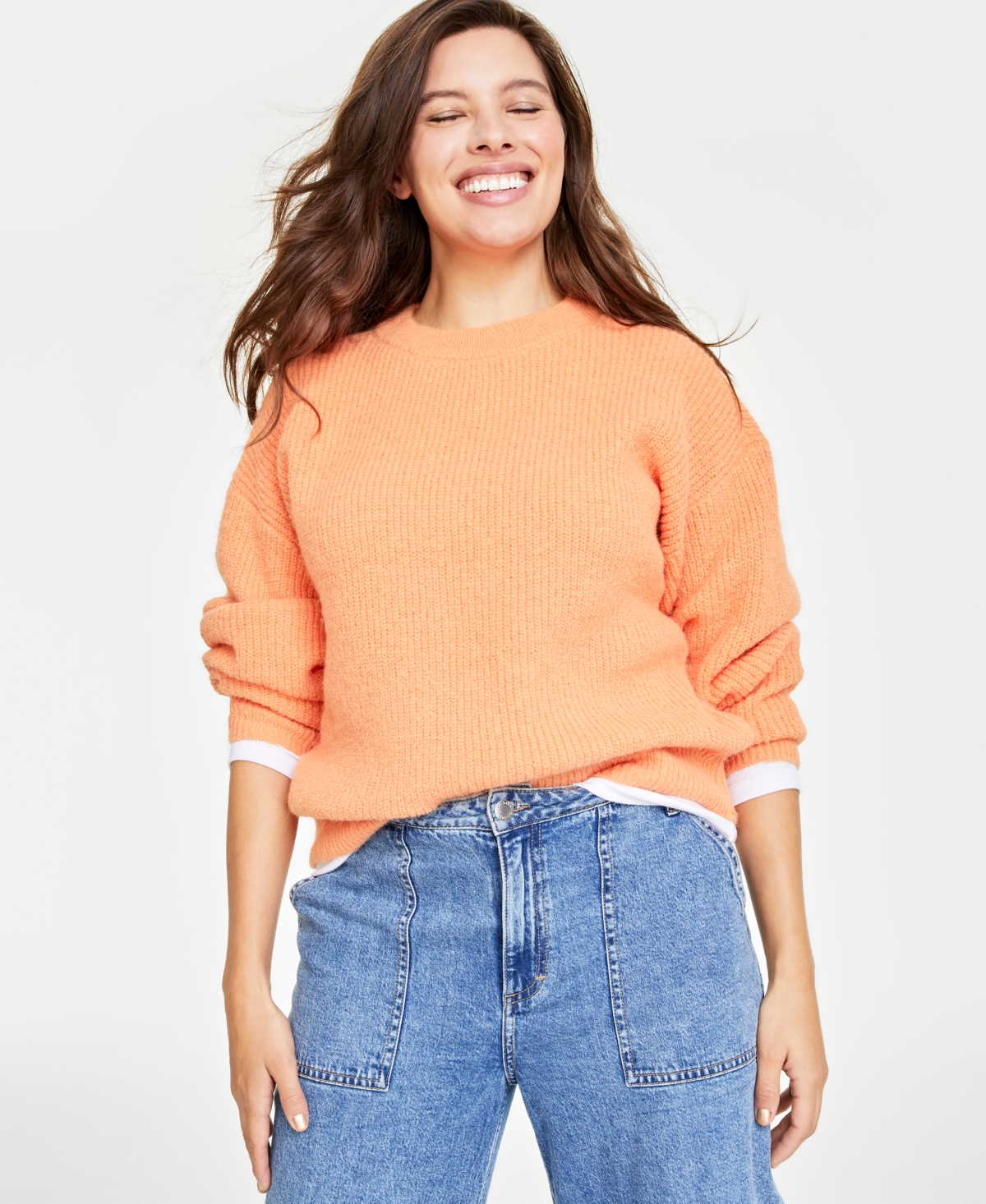 On 34th Plus Size Crewneck Long-sleeve Shaker Sweater, Created For Macy's In Bright Tangelo
