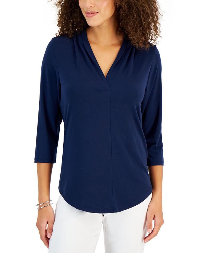 JM Collection Women's 3/4 Sleeve V-Neck Pleat Top, Created for Macy's ...
