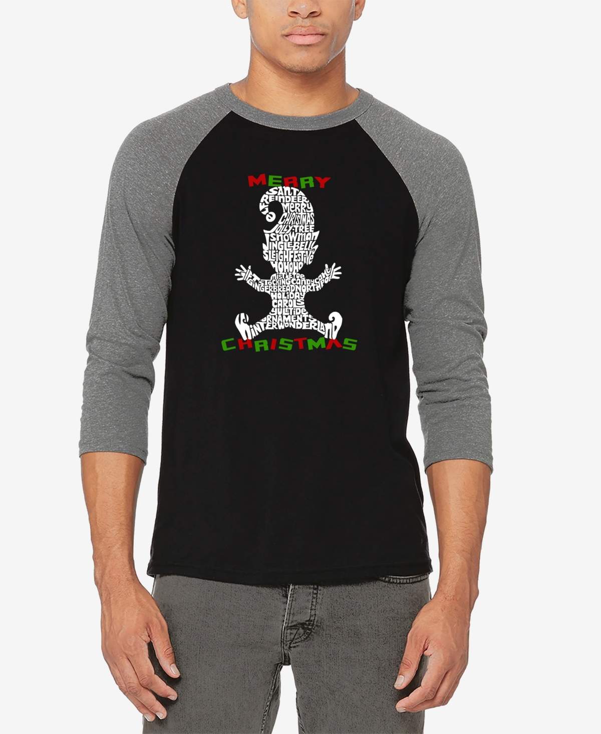 La Pop Art Men's Christmas Elf Raglan Baseball Word Art T-shirt - Black