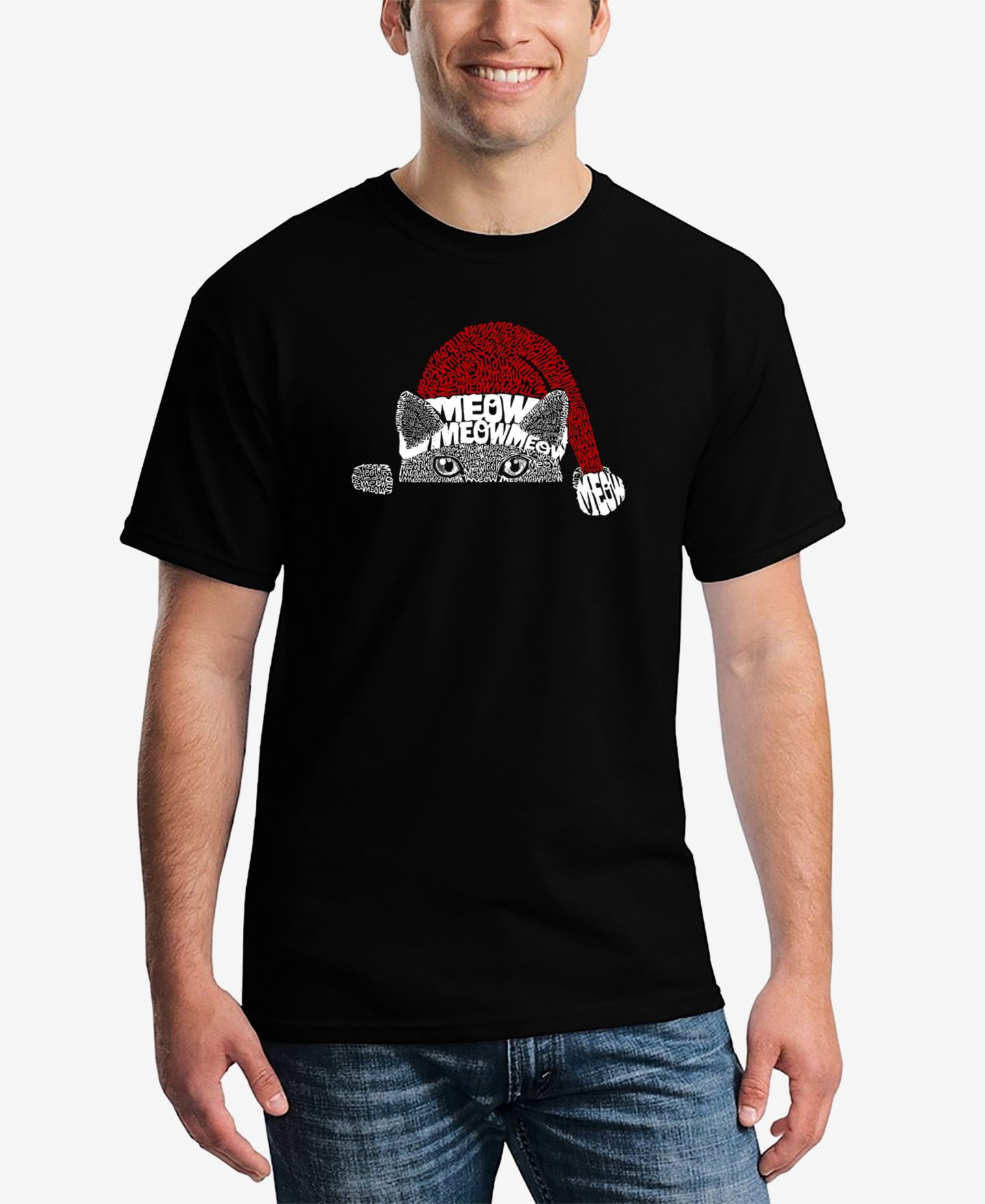 Мужская футболка LA Pop Art Christmas Peeking Cat Printed Word Art, цвет: Чёрный — фото 1