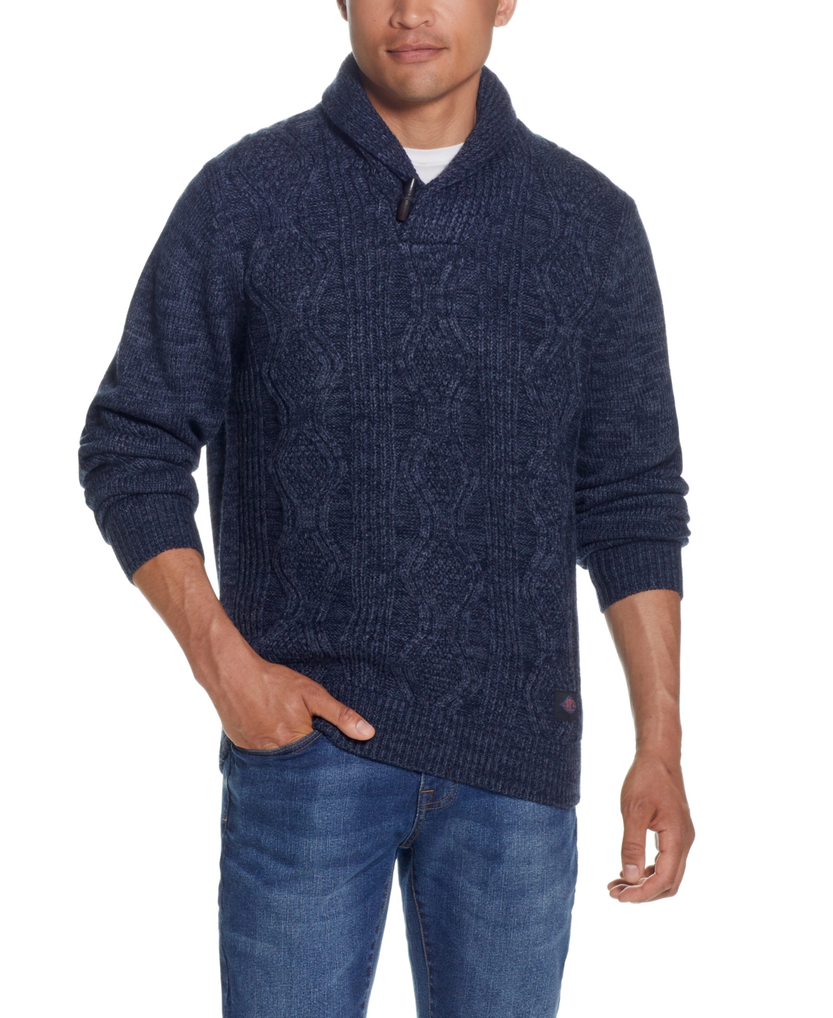 Weatherproof Vintage Men's Cable-knit Fisherman Shawl Collar Sweater In Dark Denim Heather