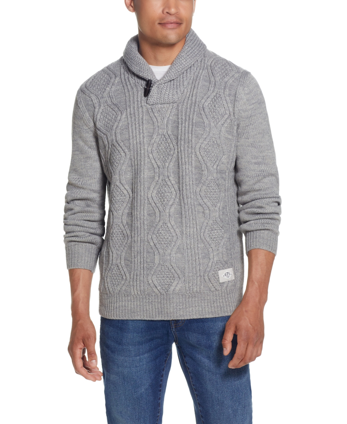 Weatherproof Vintage Men's Cable-knit Fisherman Shawl Collar Sweater In Pale Gray Heather