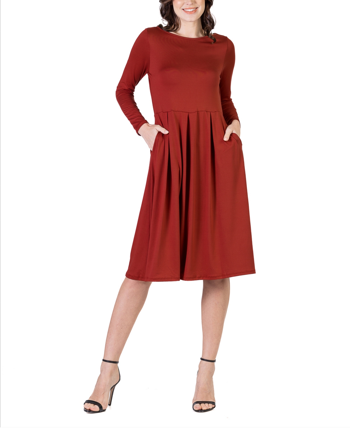 24seven Comfort Apparel Women's Midi Length Fit And Flare Dress In Rust