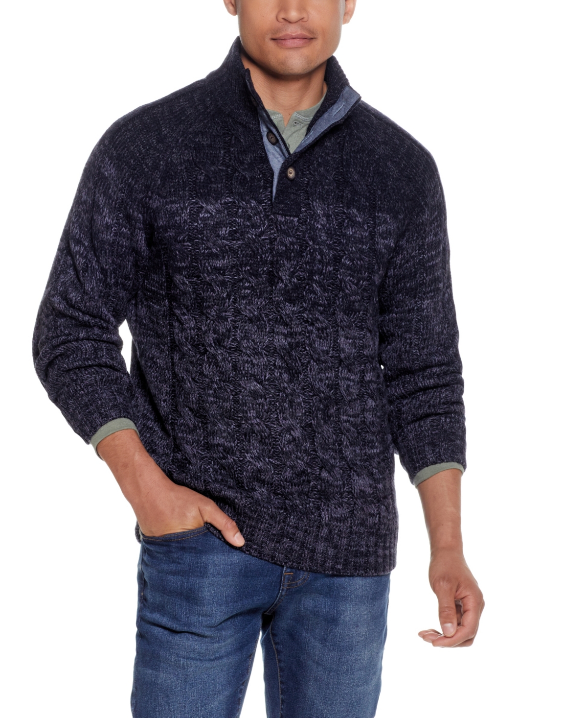 Men's Cable-Knit Ombre Button Mock Neck Sweater - Indigo Heather