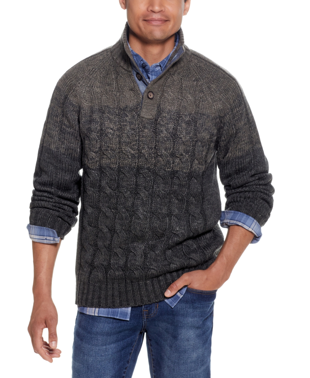 Men's Cable-Knit Ombre Button Mock Neck Sweater - Beige Marl
