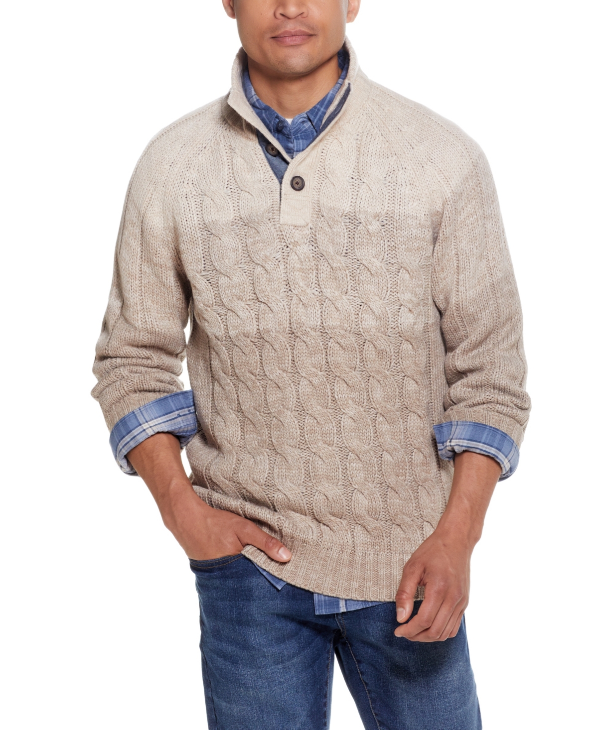 Men's Cable-Knit Ombre Button Mock Neck Sweater - Beige Marl