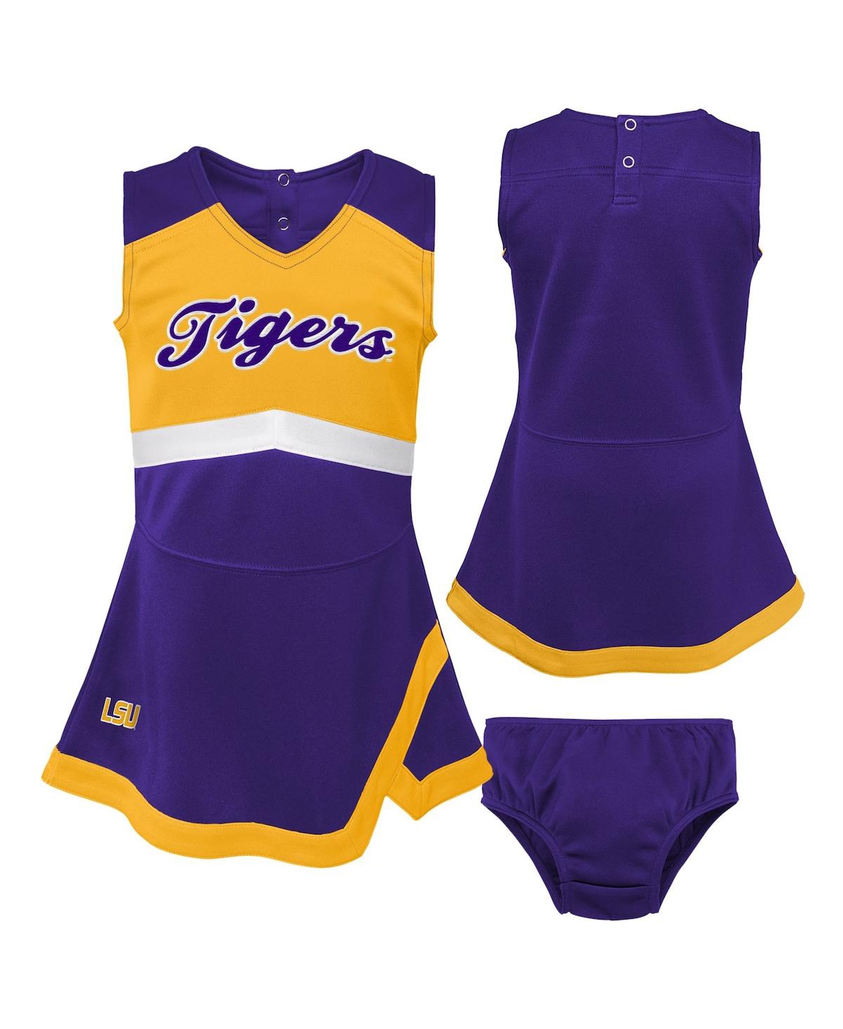 Outerstuff Girls Toddler Purple, Gold Lsu Tigers Two-piece Cheer Captain Jumper Dress And Bloomers Set In Purple,gold