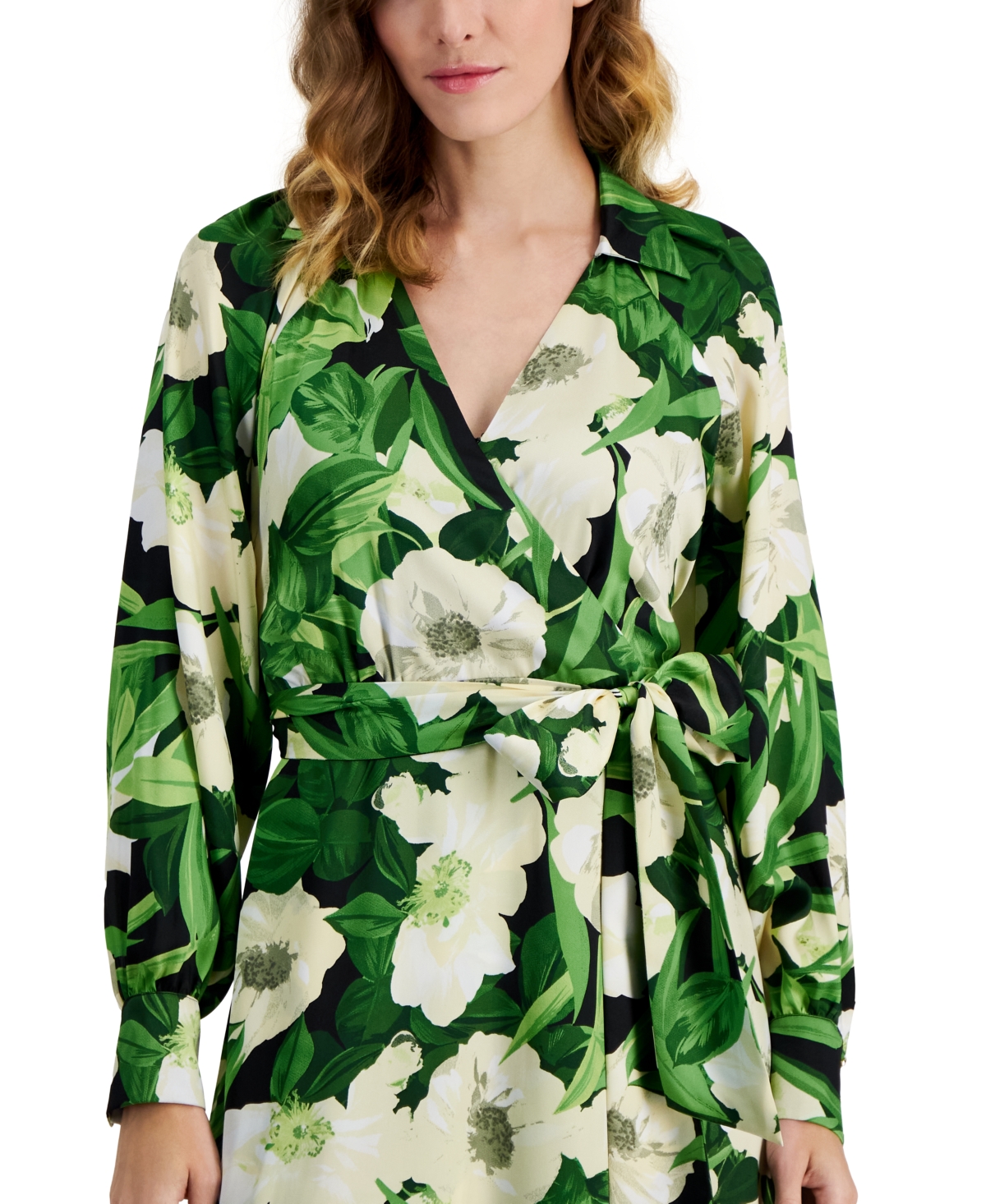 Anne Klein Floral Print Long Sleeve Faux Wrap Midi Dress in Emerald Mint  Multi | Smart Closet