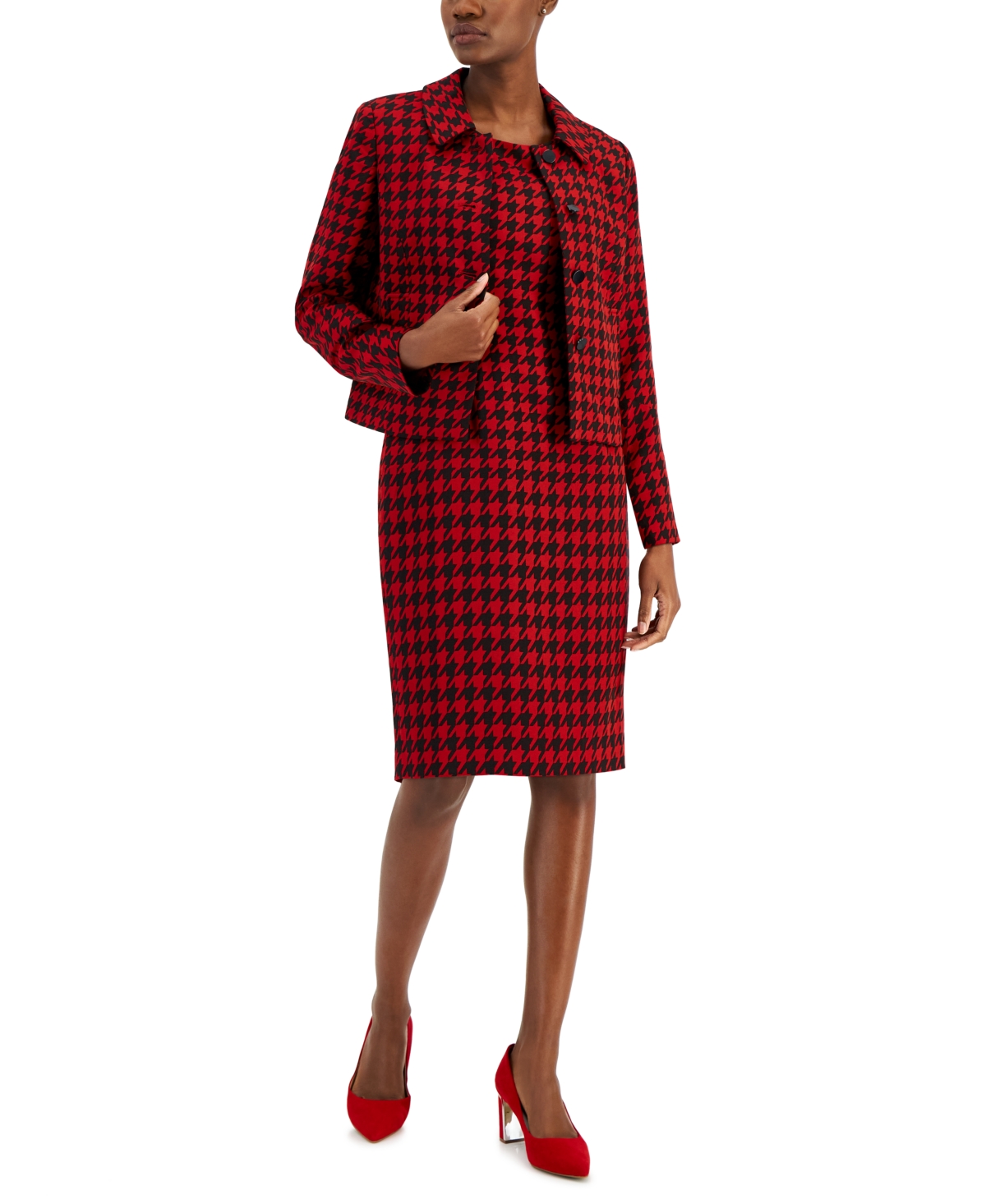 Nipon Boutique Women's Houndstooth Jacket & Dress Set In Classic Red,black
