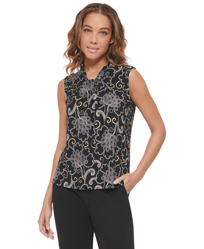 Tommy Hilfiger Women's Sleeveless Dot Print Tie Neck Blouse Black Size X-Large