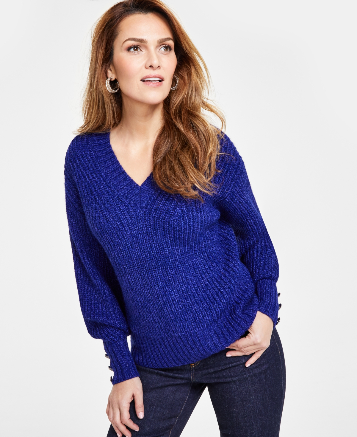 Inc International Concepts Women's V-neck Button-trim Sweater, Created For Macy's In Sapphire Crush