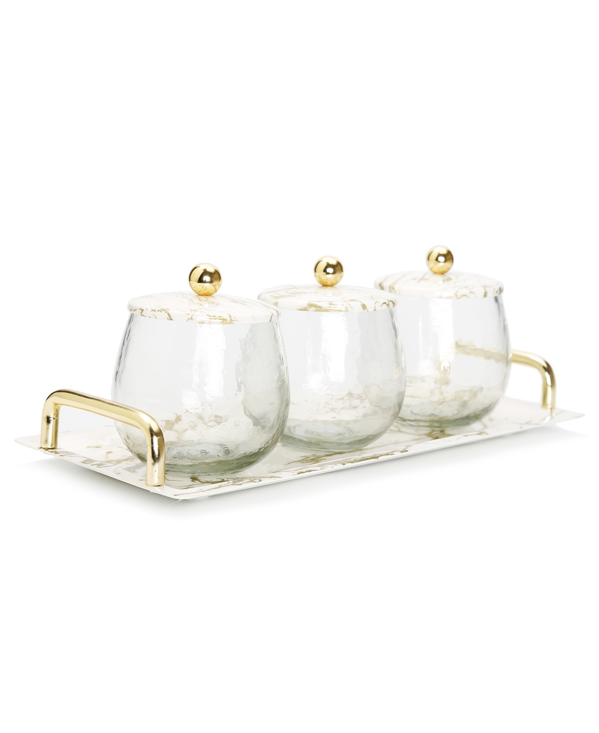 Classic Touch Gold-tone Marble 3 Bowl Serving Dish With Gold-tone Ball Design, Set Of 4 In White