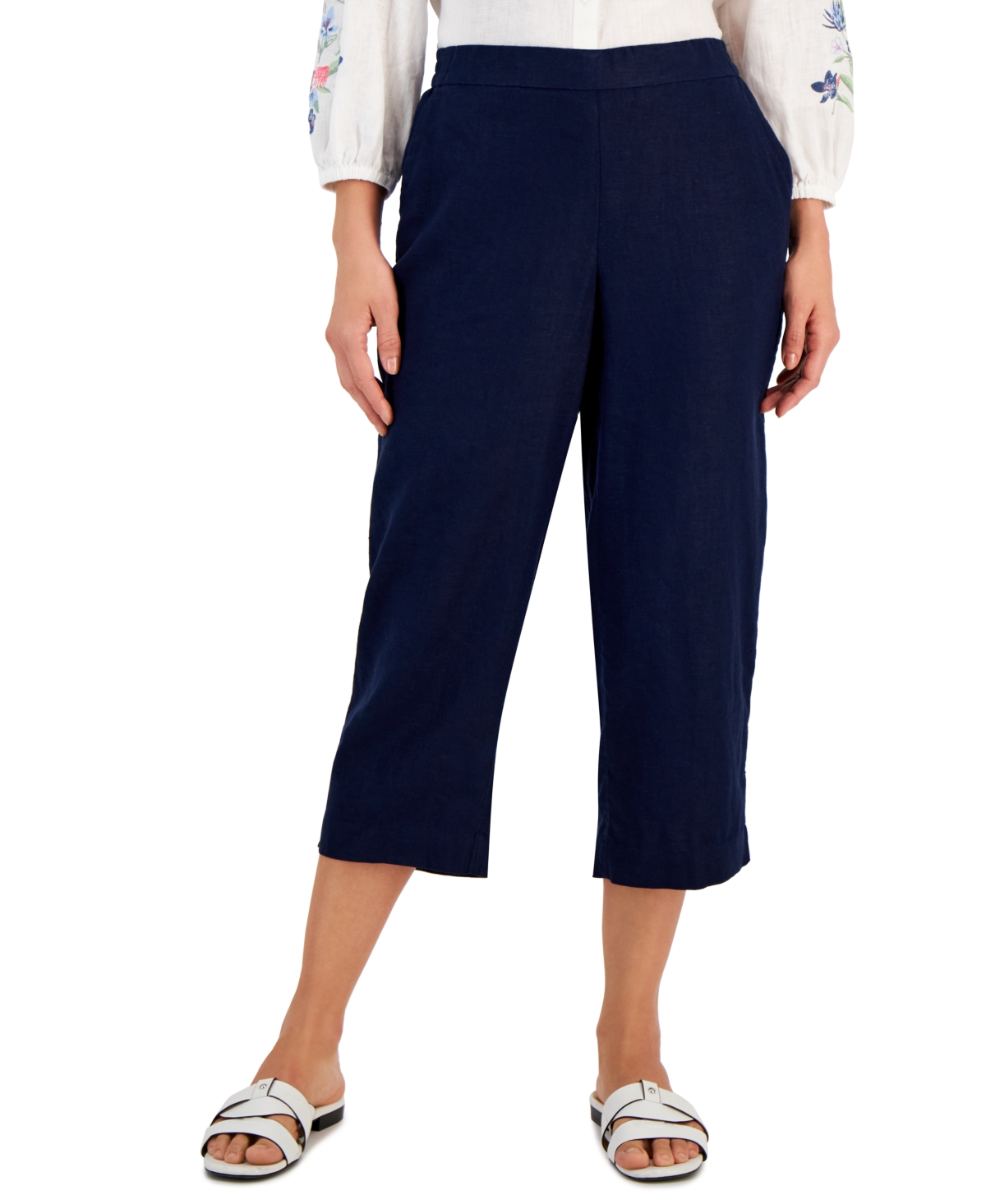 Shop Charter Club Petite 100% Linen Pull-on Cropped Pants, Created For Macy's In Intrepid Blue