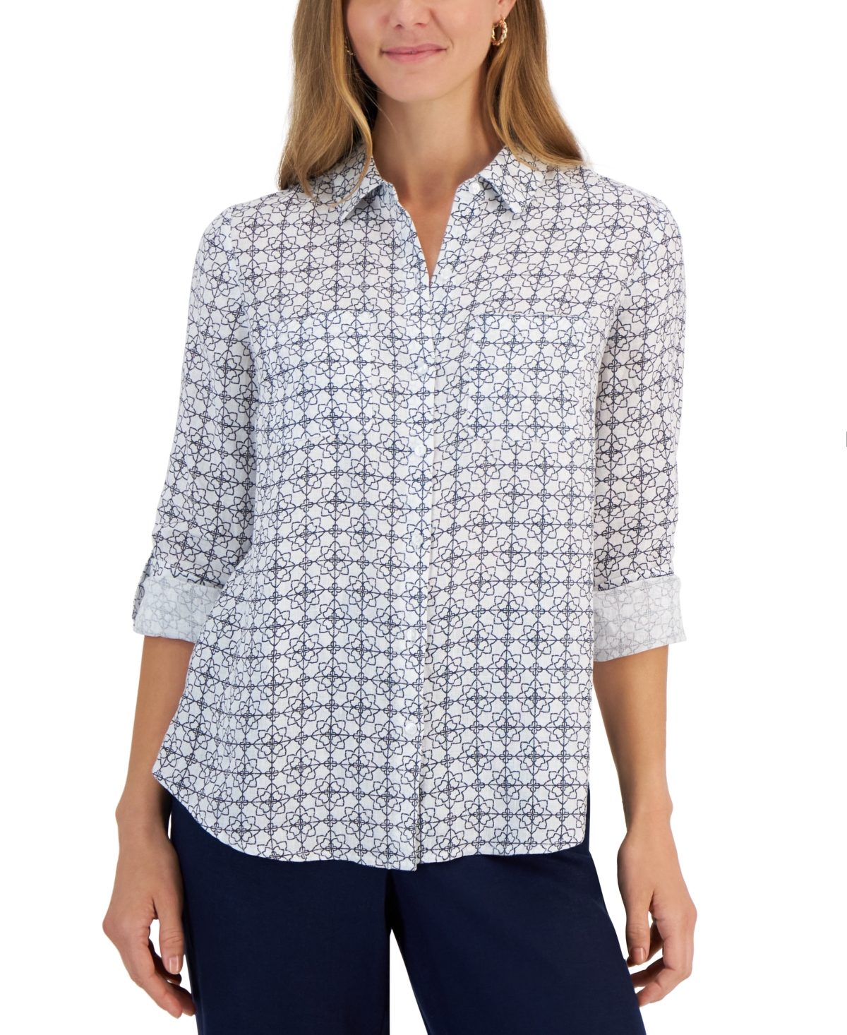 Charter Club Women's 100% Linen Geo-print Roll-tab Shirt, Created For Macy's In Bright White
