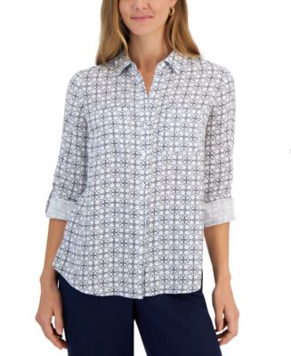 Charter Club Women's 100% Linen Geo-Print Roll-Tab Shirt