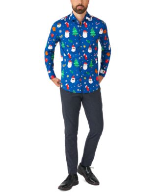 Men's Festivity Blue Shirt - Perfect For Christmas - Xmas Parties - Including 1 Button-Up Shirt - Blue - Long sleeve